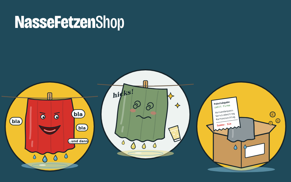 Drei nasse Fetzen an der Wäscheleine: der rote Labler mit Sprechblasen, der beschwipste Heurigen-Fetzen und der Paketabgabe-Fetzen im Karton.